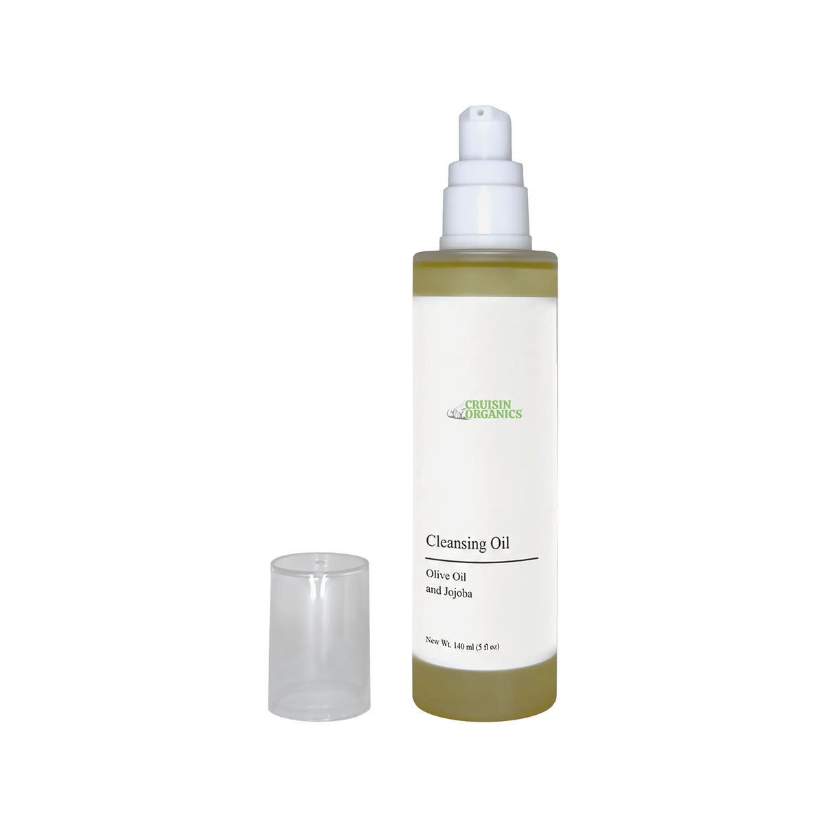 Bottle of cleansing oil with olive oil and red algae on a white background