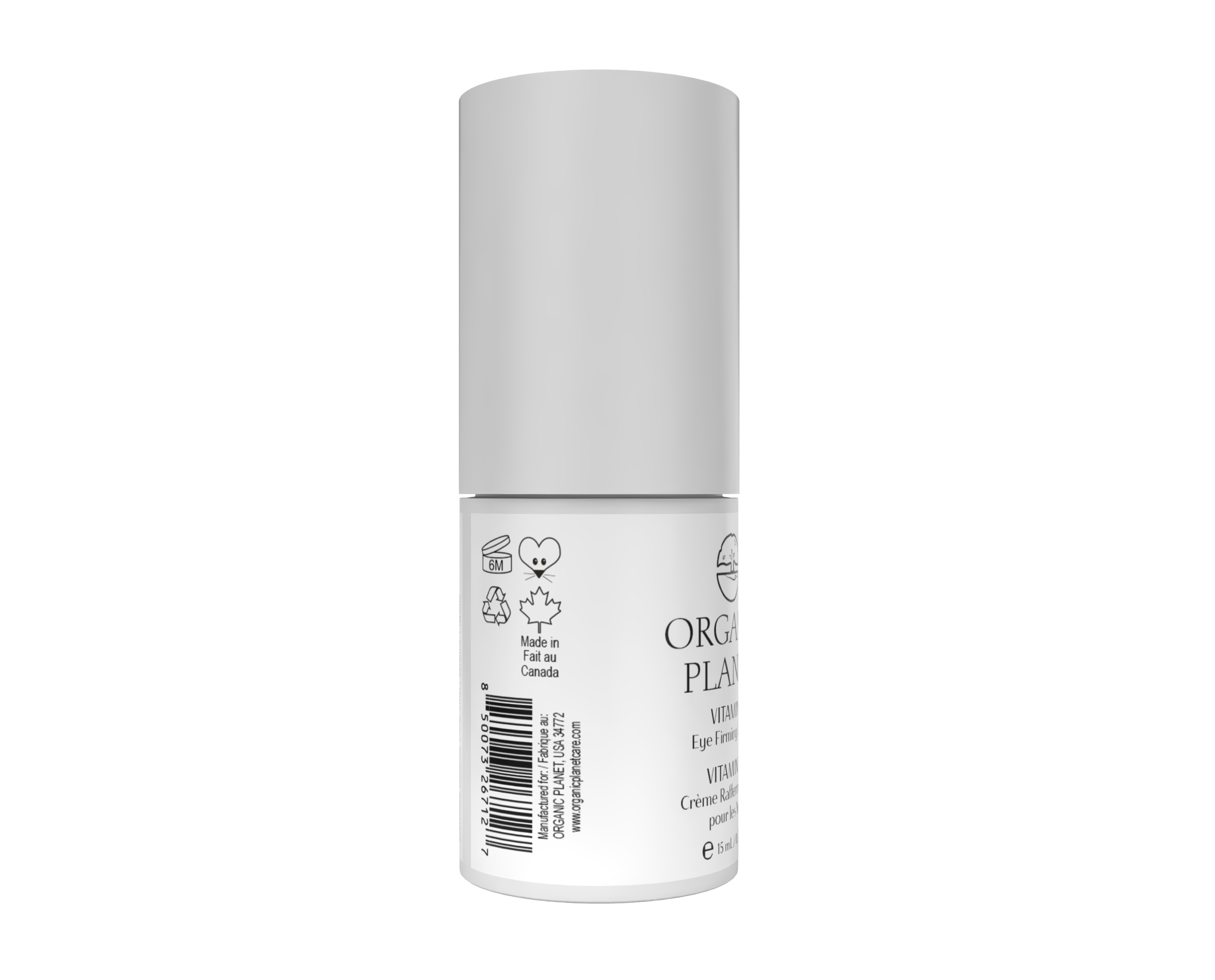 White cylindrical container with a label on a white background. Enriched with Organic and plant - based ingredients. Vitamin C Eye Firming Cream