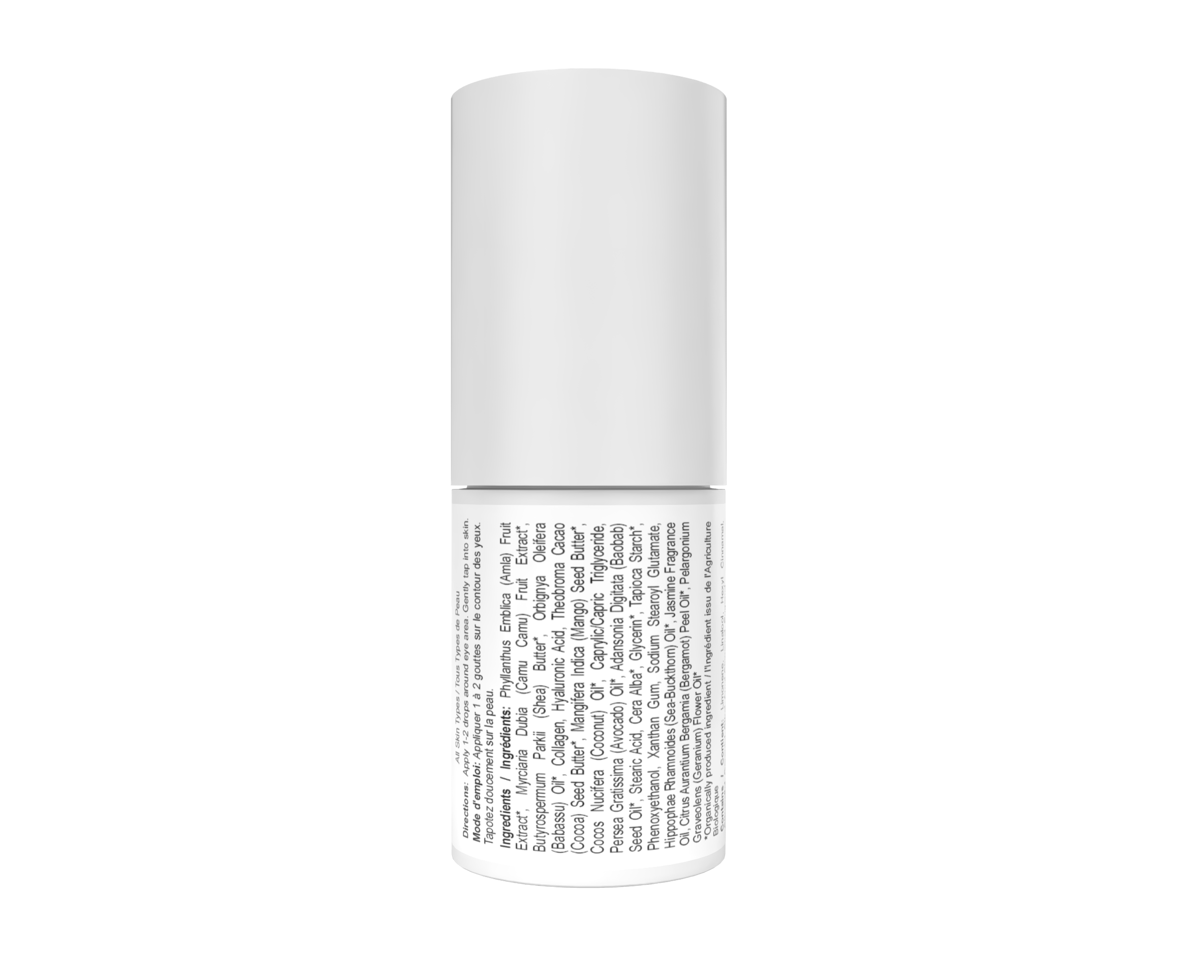 White cylindrical container with text on a white background
