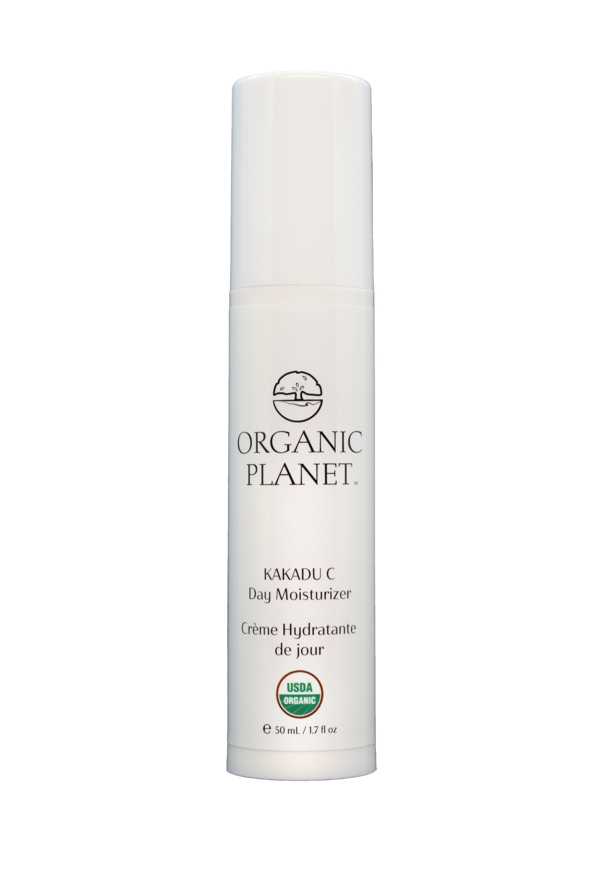 Organic Planet Kakadu C Day Moisturizer bottle on a white background. Experience transformative skincare with KAKADU C Day Moisturizer, a powerful formula designed for intense hydration and deep nourishment. Infused with Kakadu Plum, known for its unmatched Vitamin C and antioxidant content, this moisturizer supports youthful, radiant skin. Enriched with Mango Seed Butter, Aloe Vera, and Rosehip Oil, it delivers essential nutrients to revitalize and protect your complexion throughout the day. Elevate your d
