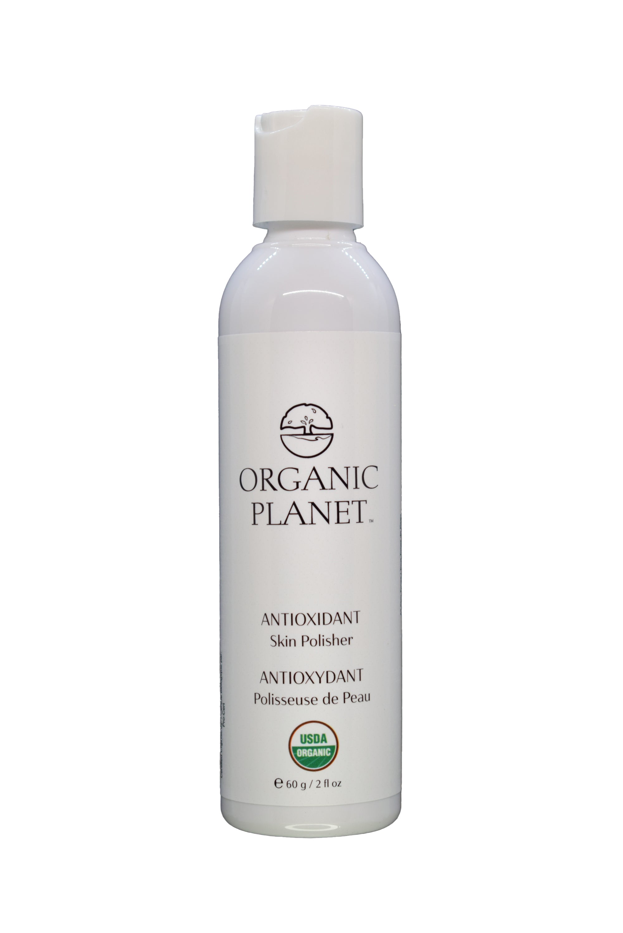 White bottle of Organic Planet antioxidant skin polisher on a white background. This gentle skin polisher uses Tremella mushroom to hydrate and brighten all skin types, including sensitive and acne-prone. Made with 95-100% USDA Certified Organic ingredients, it softly exfoliates while boosting antioxidants for smoother, radiant, and balanced skin.