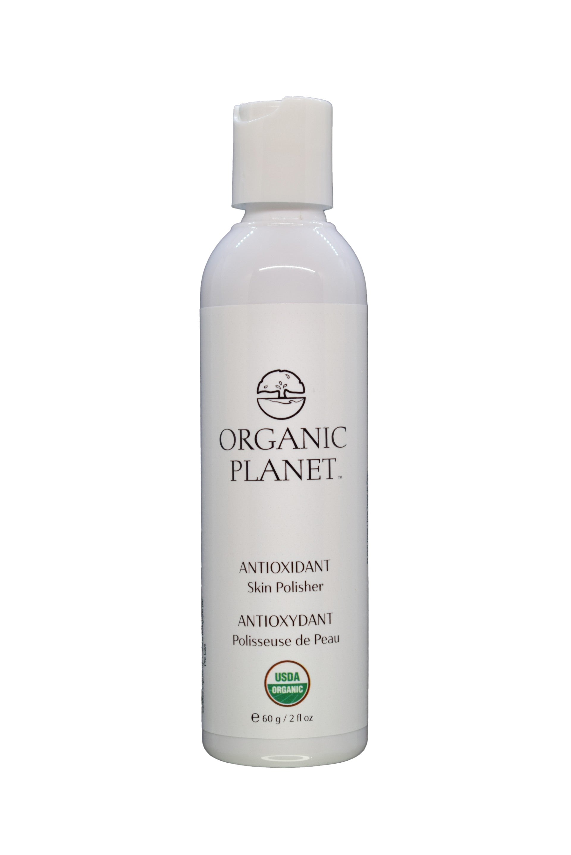 Organic Planet antioxidant skin polisher bottle on a white background. This gentle Antioxidant Skin Polisher uses Tremella mushroom to deeply hydrate and brighten all skin types, including sensitive and acne-prone. Crafted with 95-100% USDA Certified Organic ingredients, it provides mild exfoliation while delivering antioxidants for smoother, radiant, and balanced skin. Perfect for revealing a youthful complexion.