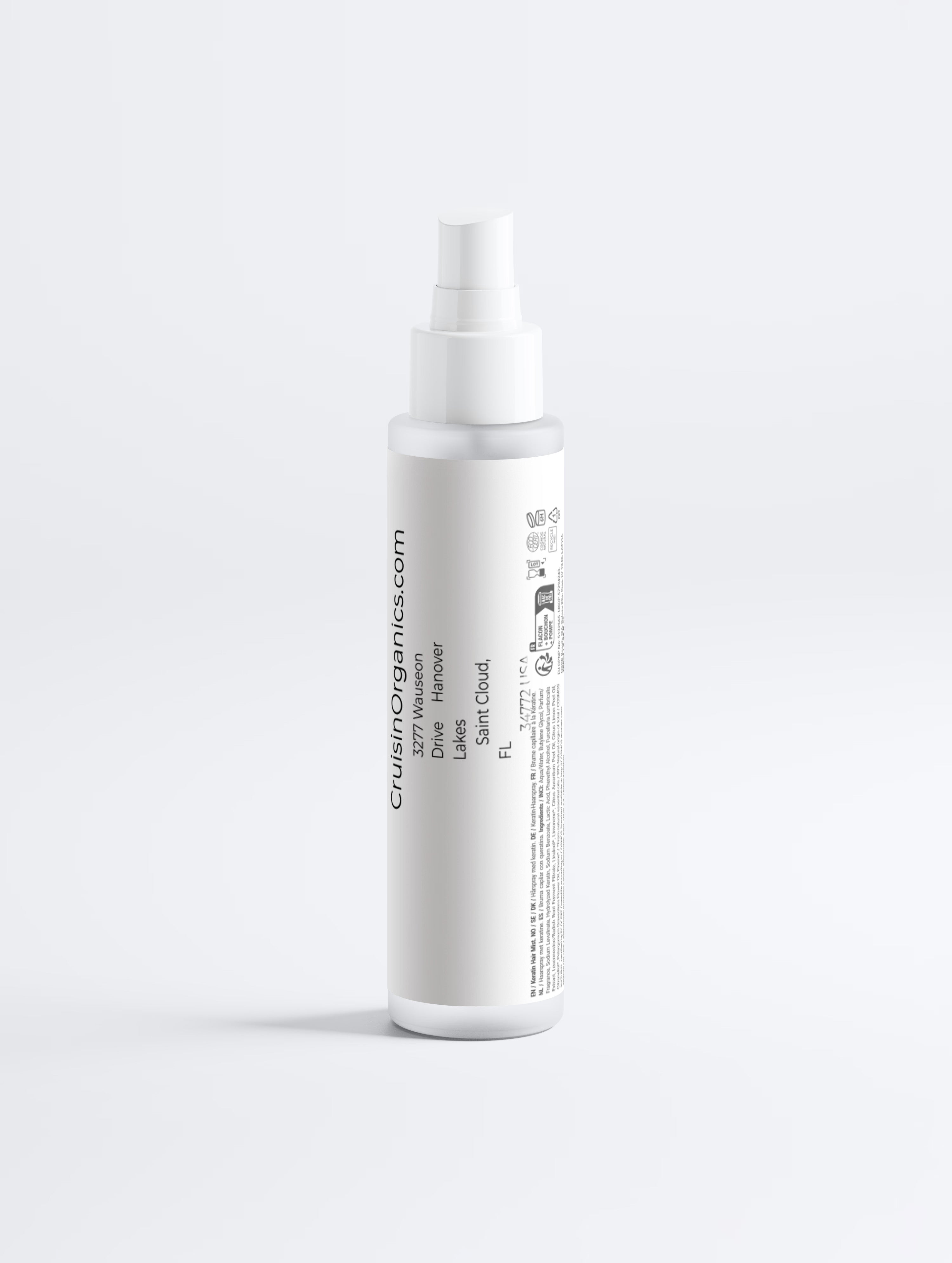 Close up of the lightweight, transparent spray mist formula of the Keratin Gloss Leave-In Hair Mist.