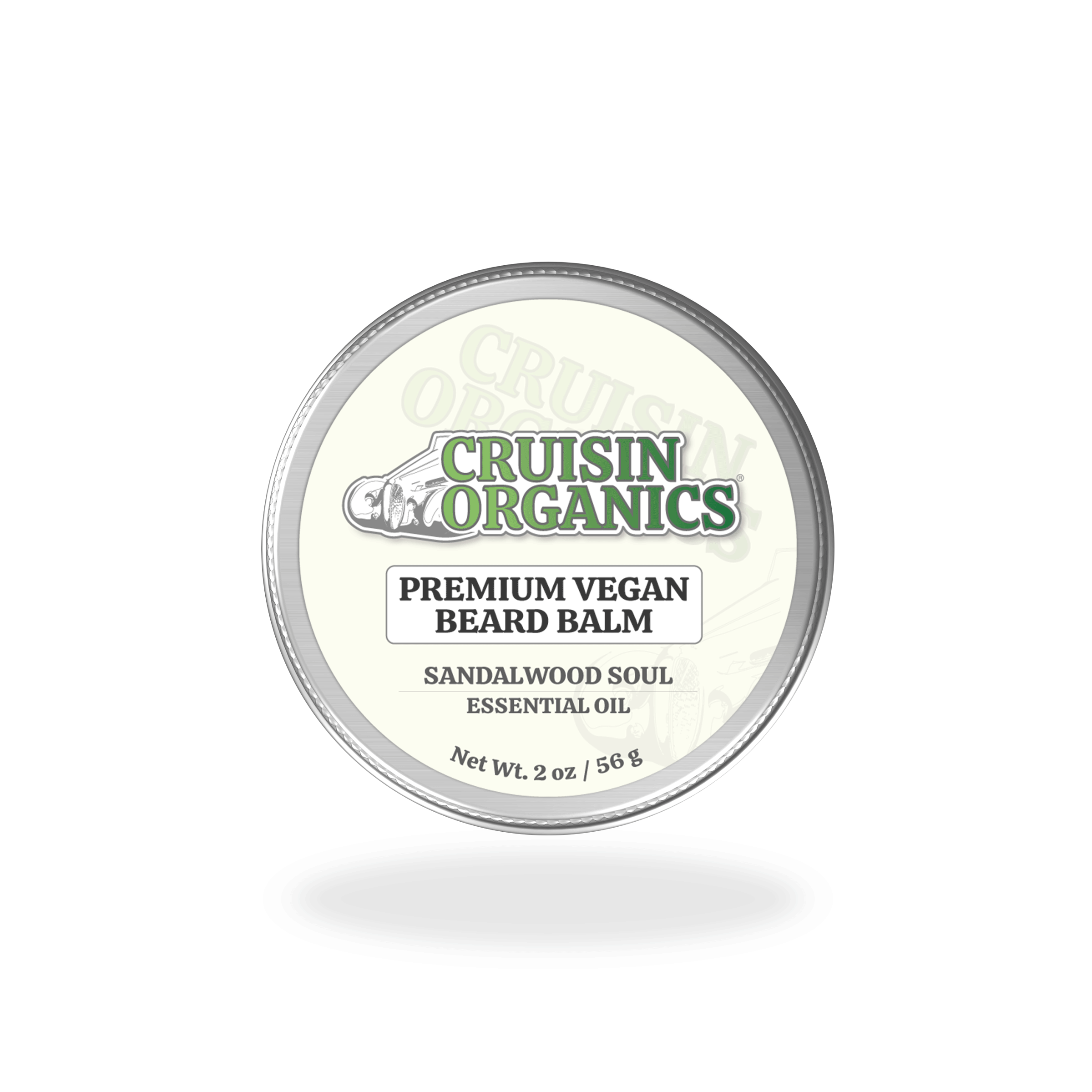 A container of Sandalwood Soul Premium Vegan Beard Balm by Cruising Organics, with a label indicating it is a 2.25 oz (58 g) product.
