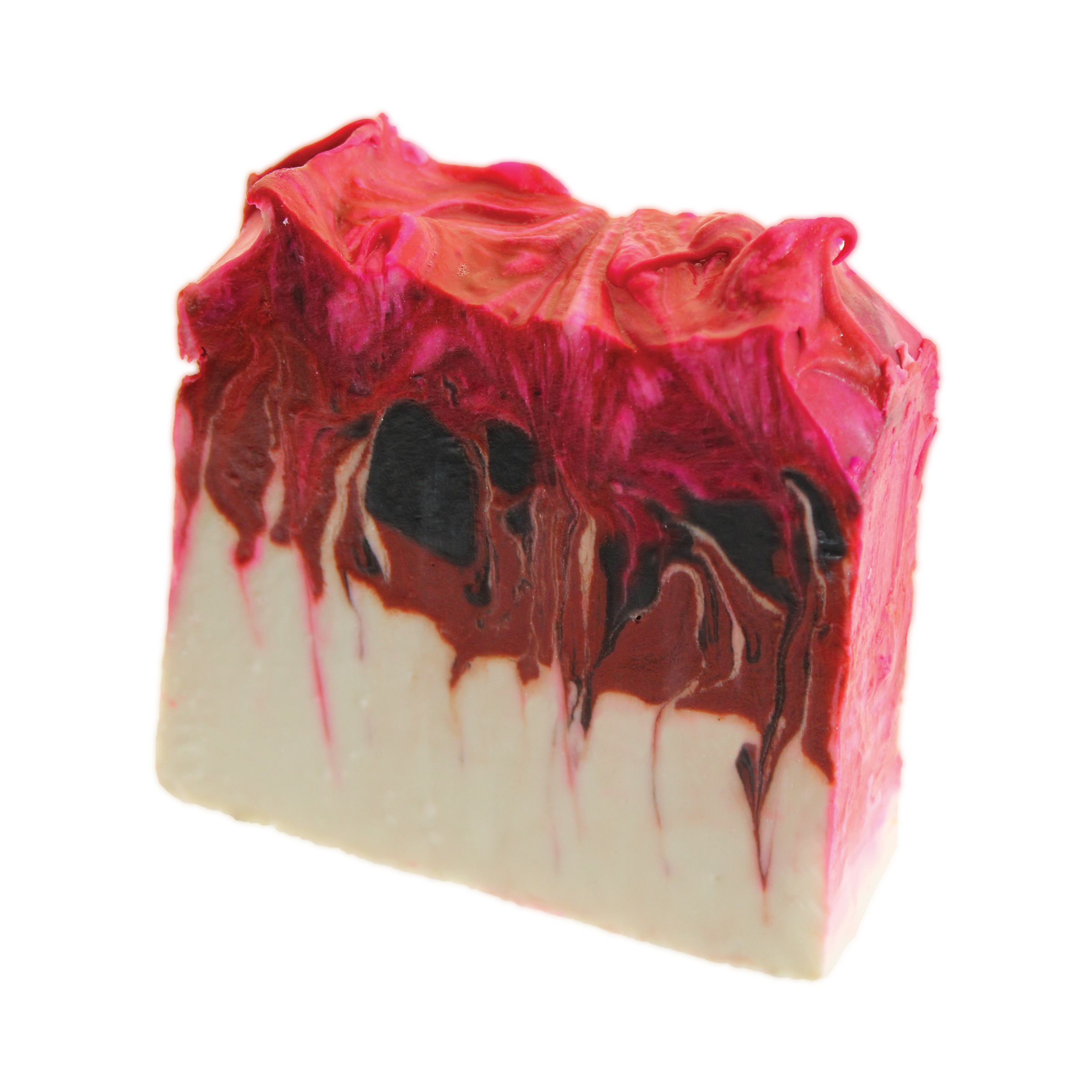 A bar of handmade natural soap with a pink and purple design, resembling a dripping or melted look, on a white background.