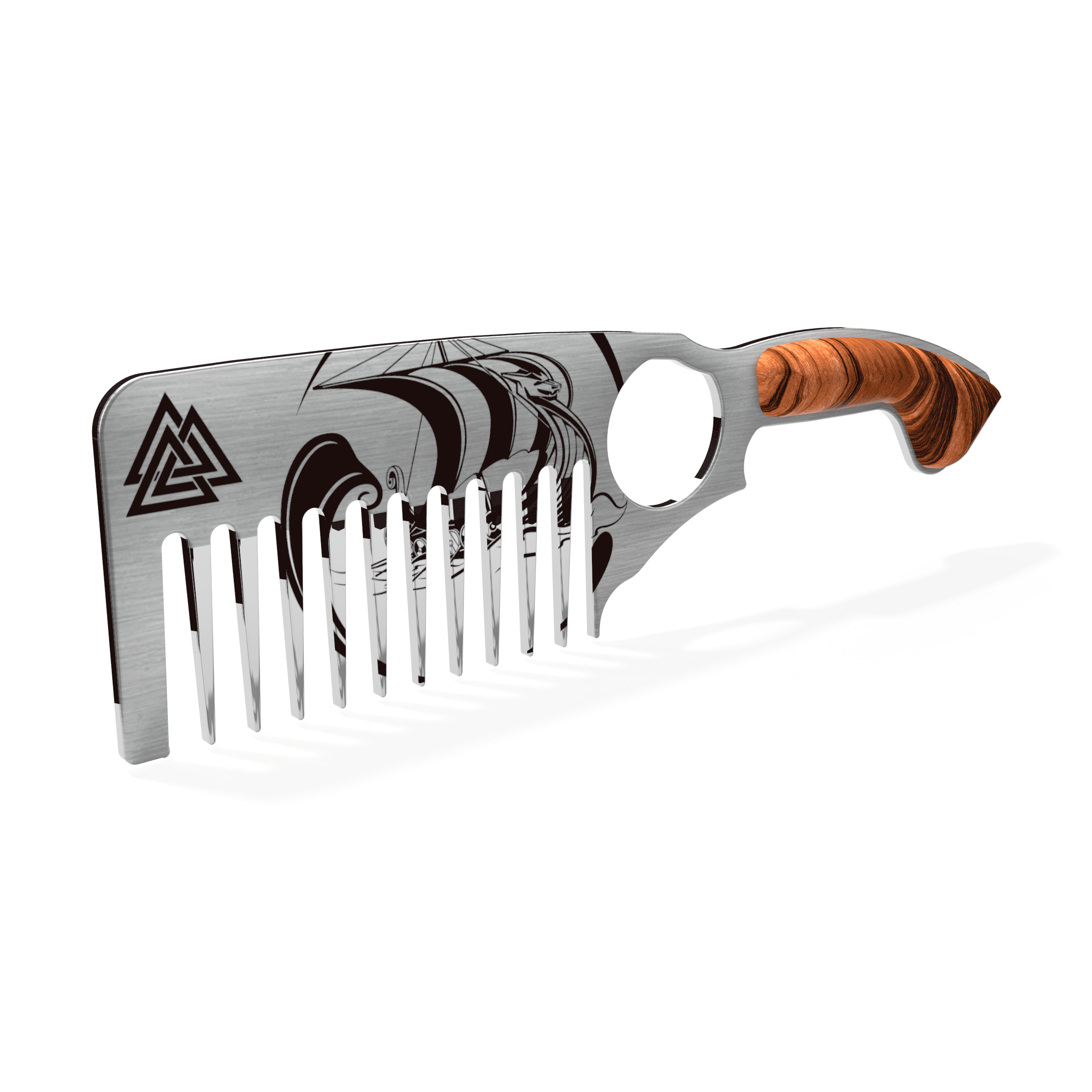 A stainless steel beard comb with a wooden handle and geometric pattern engraving. The Viking Beard Comb is strong and durable, made from American Stainless steel. It easily detangles thick or curly beards without breaking or fluffing. Hand polished and sized for everyday use, it’s perfect for your daily grooming routine at home or on the go. A reliable comb that lasts longer than wood or plastic options.