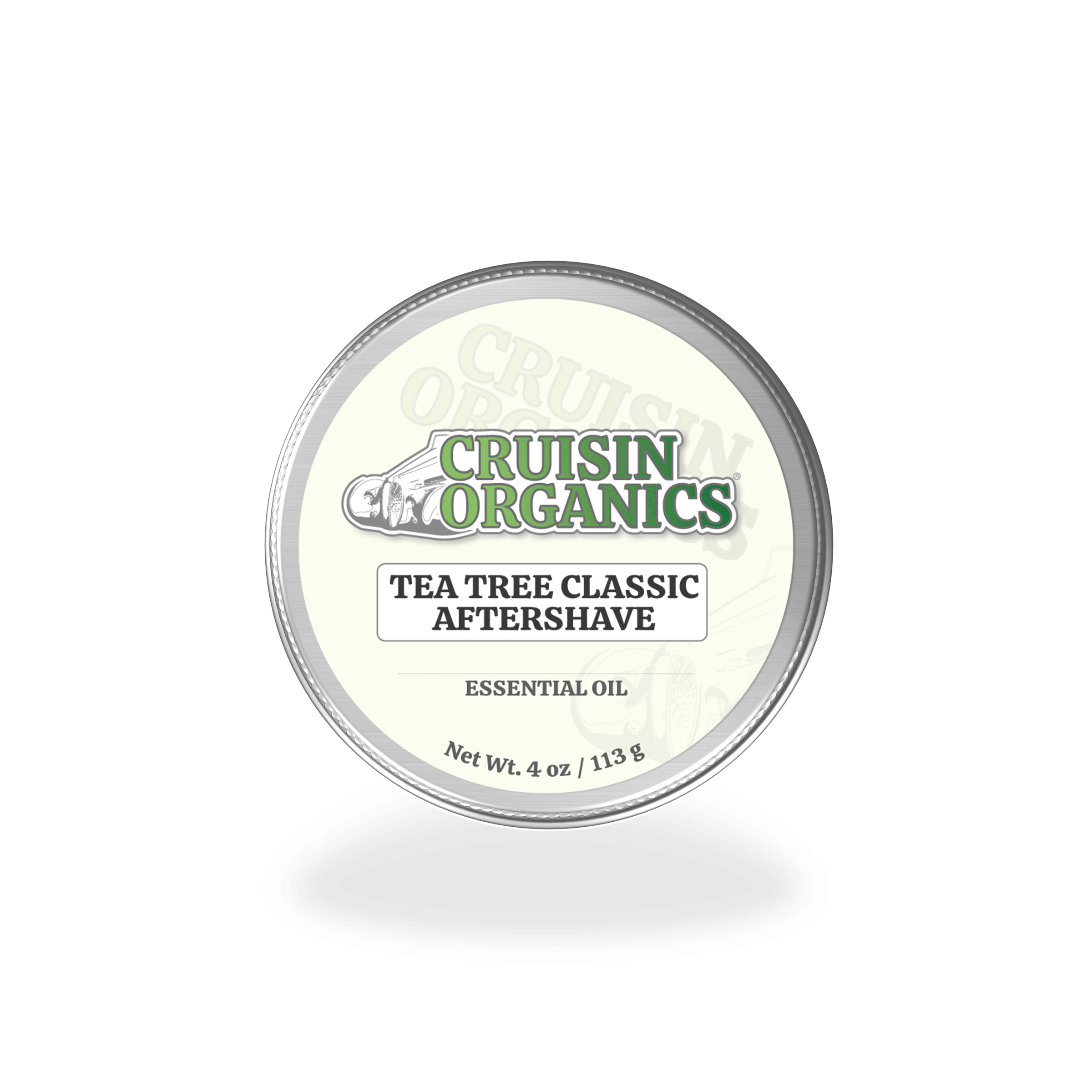 A tin container of Cruising Organics Tea Tree Classic Aftershave with the label visible. The net weight is indicated as 4 oz / 113 g.