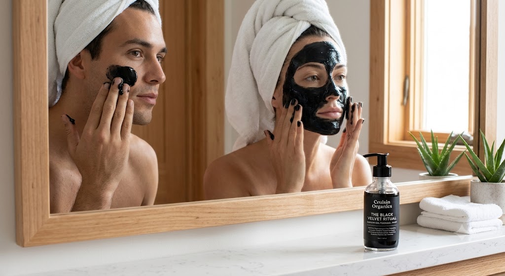 A man and a woman applying the premium pump bottle displaying the Cruisin Organics The Botanical Alchemist Face Cleanser with Charcoal gel formulat, showcasing its clean, botanical pump against a crisp backdrop.