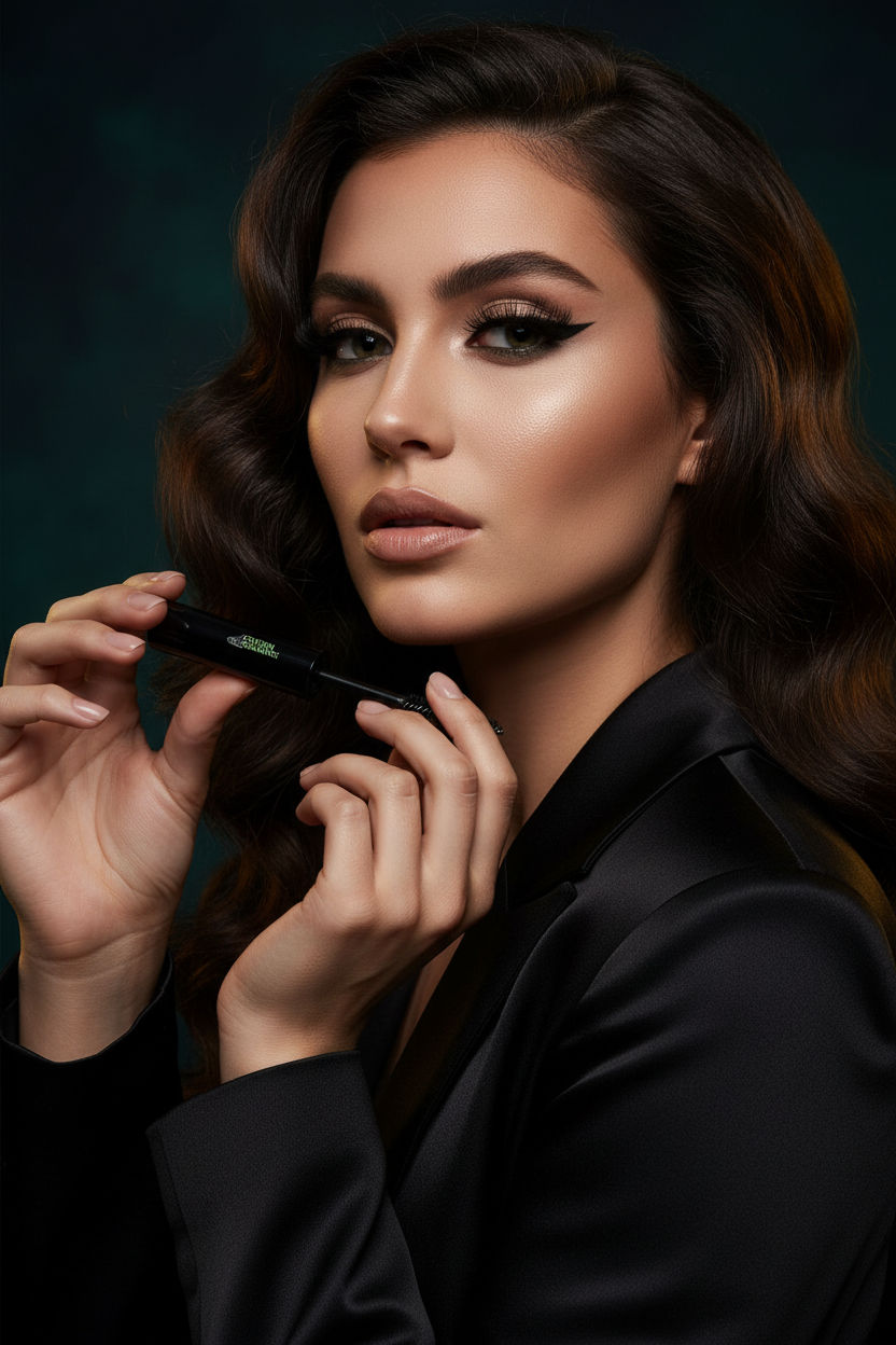Confident woman holding Clear Lash Mascara in bold fashion shot