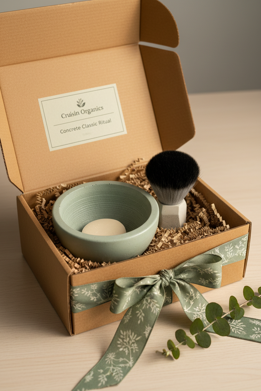 Cruisin Organics Concrete Classic Ritual in a natural kraft gift box with green botanical ribbon and eucalyptus sprigs