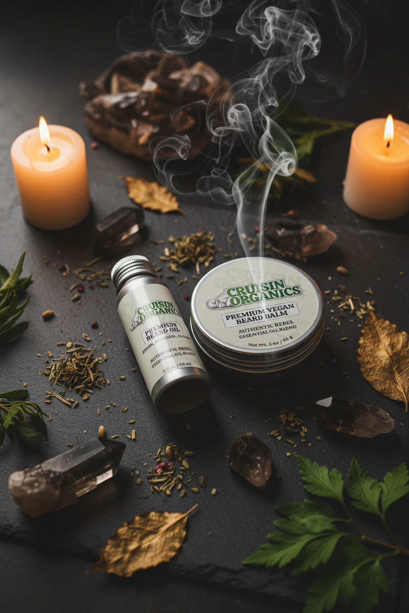 Cruisin Organics Oracle Beard Ritual duo in a moody mystical botanical flat-lay