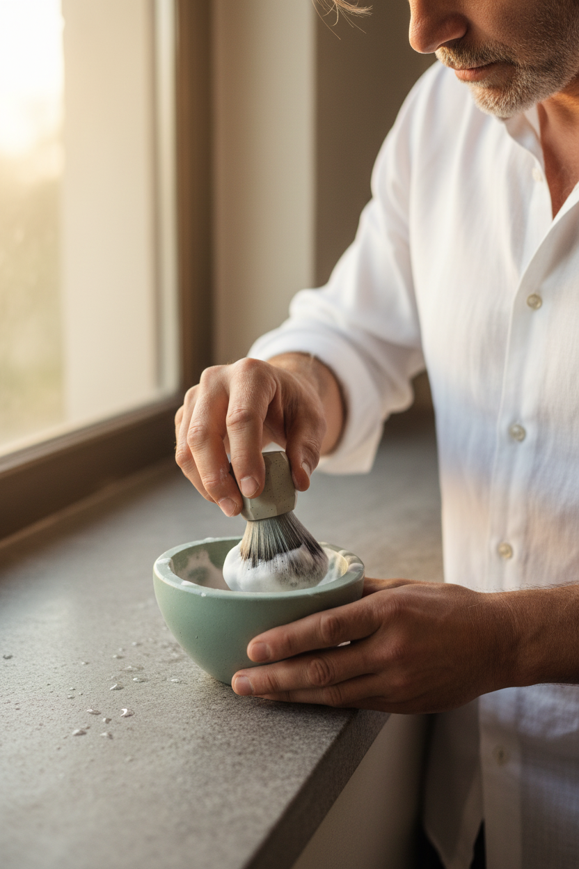 Distinguished man building a rich lather in the Cruisin Organics sage green concrete shaving bowl with the hexagonal brush