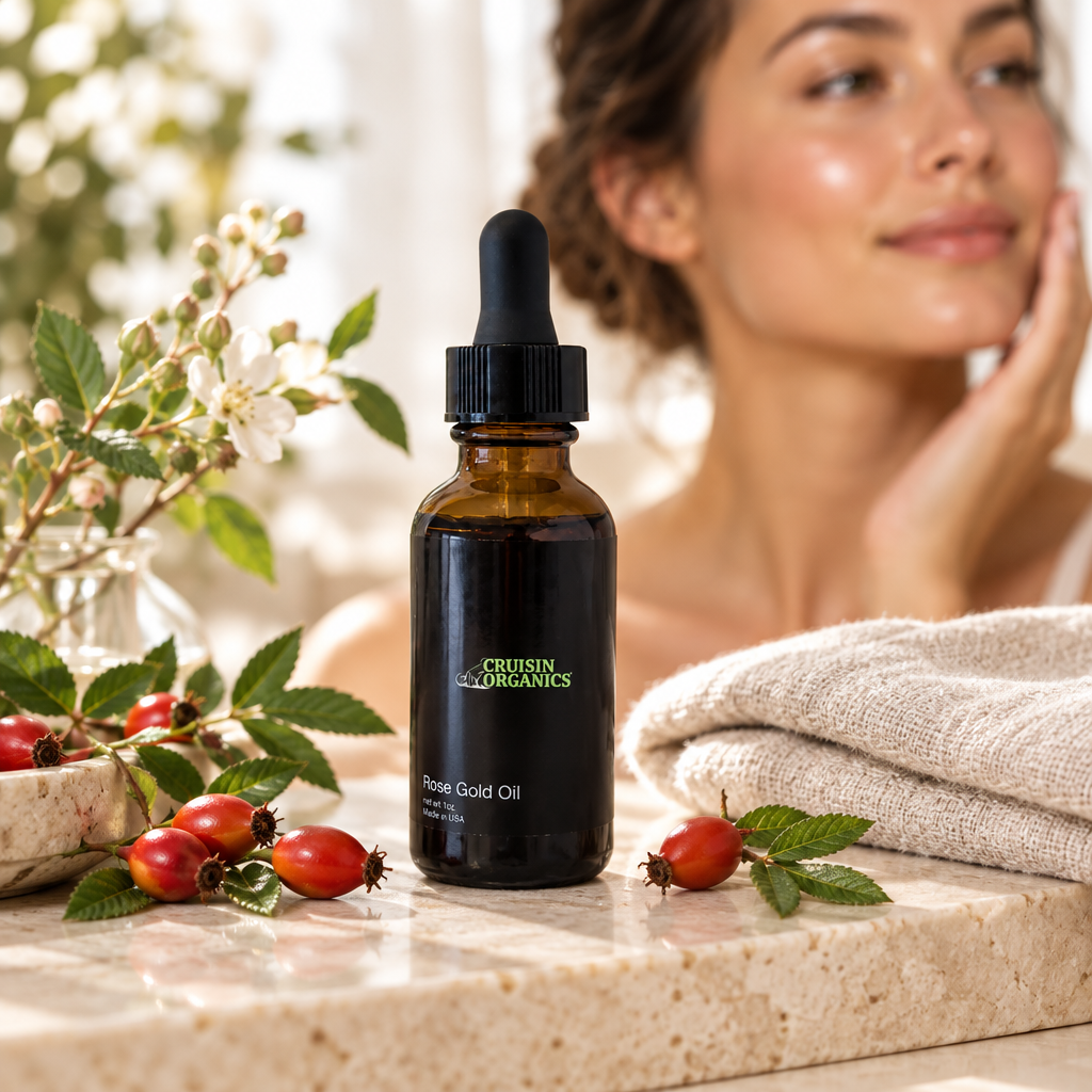 Cruisin Organics Rose Gold Facial Oil bottle with rosehips and a folded towel on a stone vanity