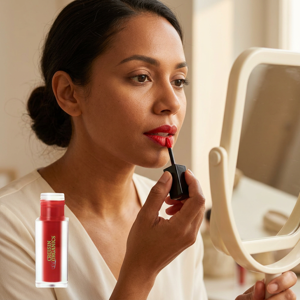 Red Velvet lip stain being applied with its doe-foot wand