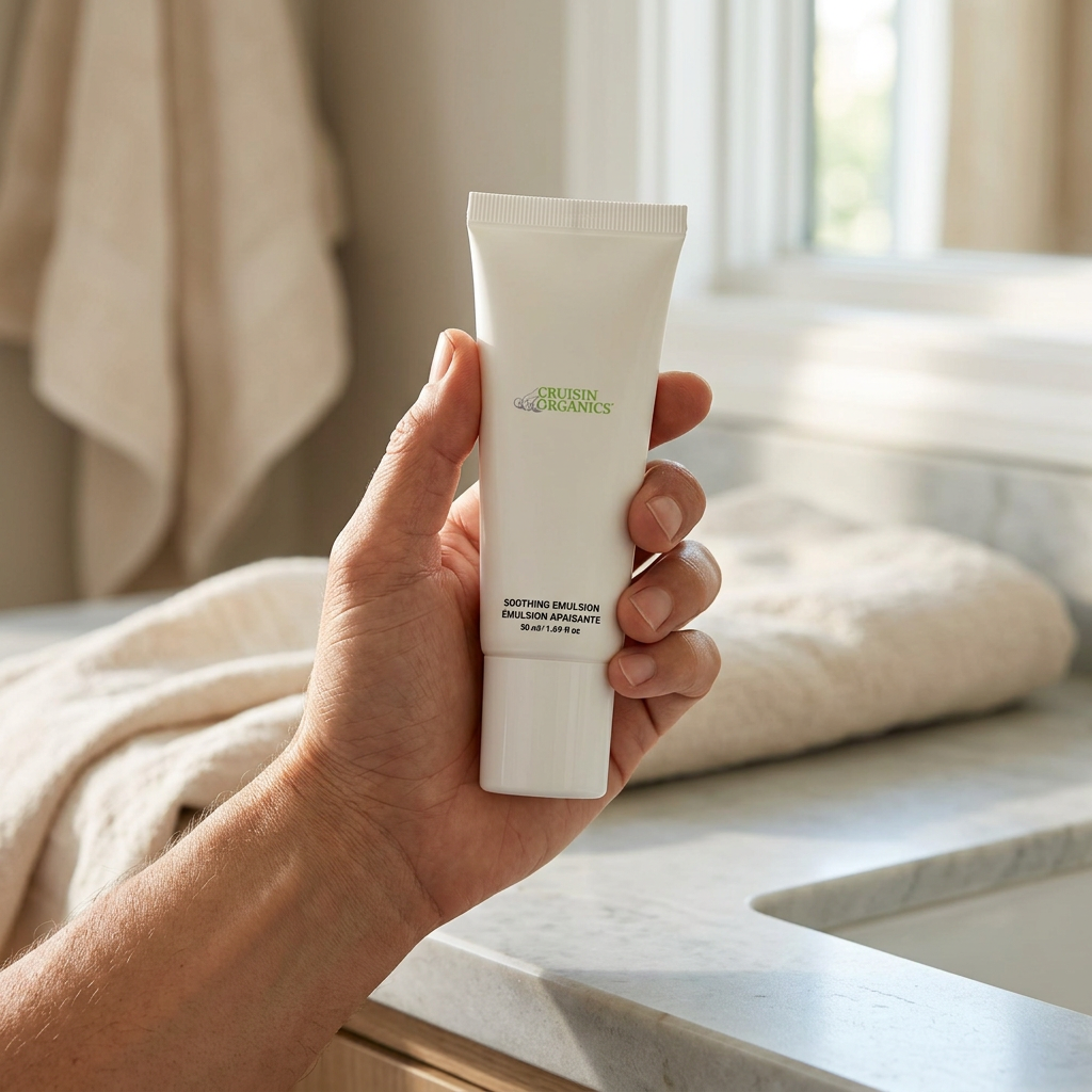 Renewal Emulsion held during a skincare routine