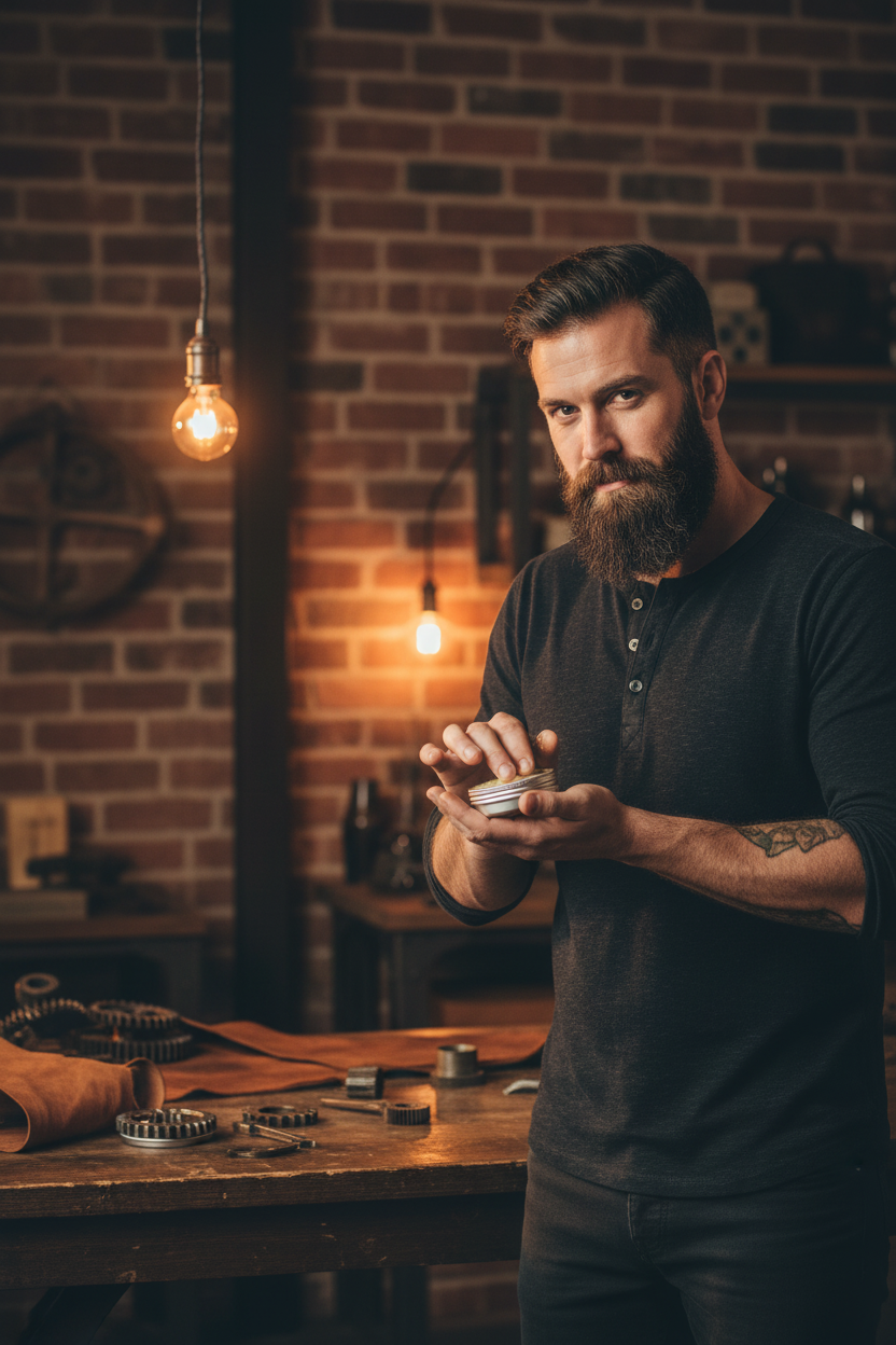 Rugged handsome man applying Cruisin Organics Gearbox Beard Butter in an industrial loft
