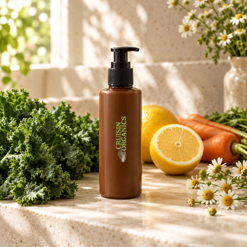 Brown pump bottle with vertical Cruisin Organics branding beside kale, carrots, lemon, and chamomile on a sunlit stone counter.
