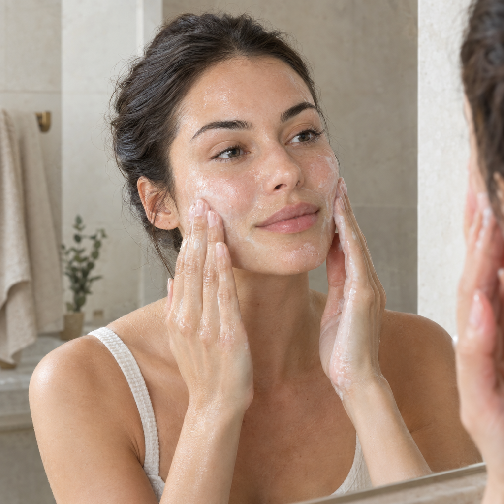 Woman adding water during her cleansing routine