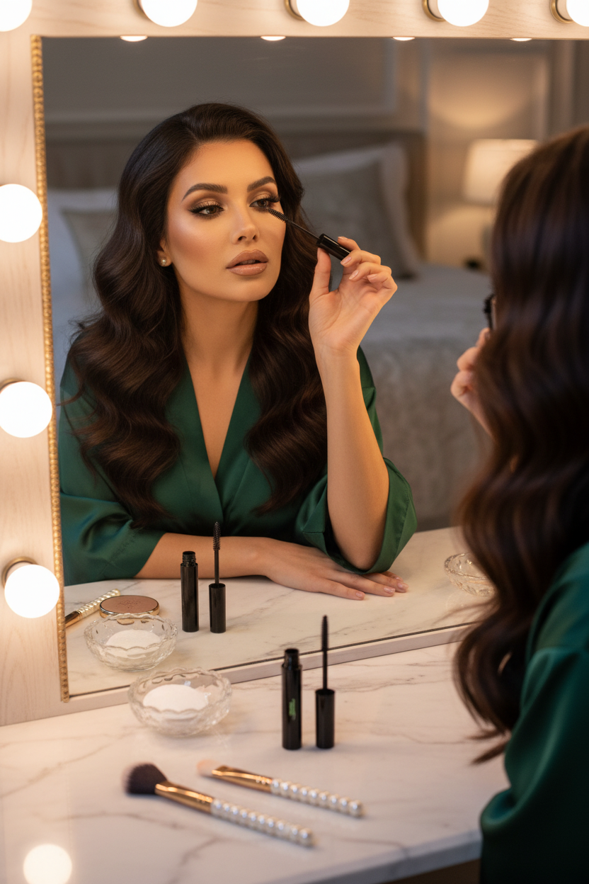 Woman applying Clear Lash Mascara at luxury vanity