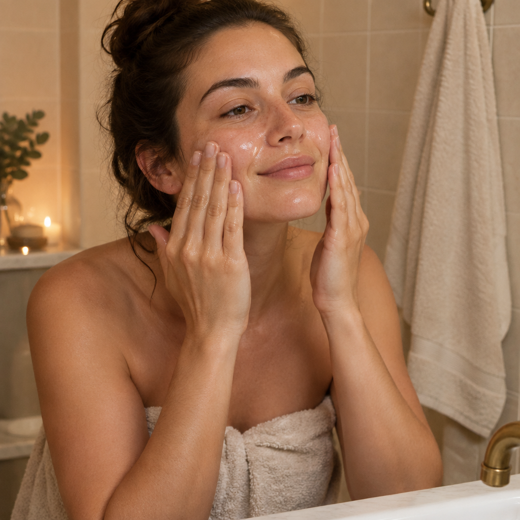 Woman massaging cleansing oil onto her face