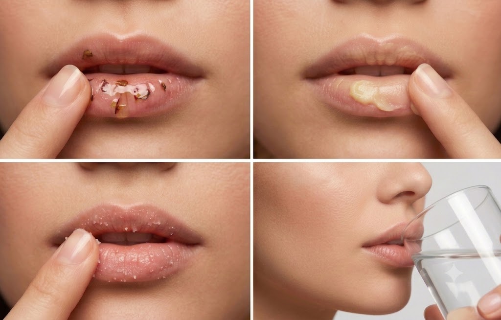 The Art of Lip Wellness Process. Four-panel guide showing the step-by-step Botanical Restoration Ritual for healthy, hydrated lips.