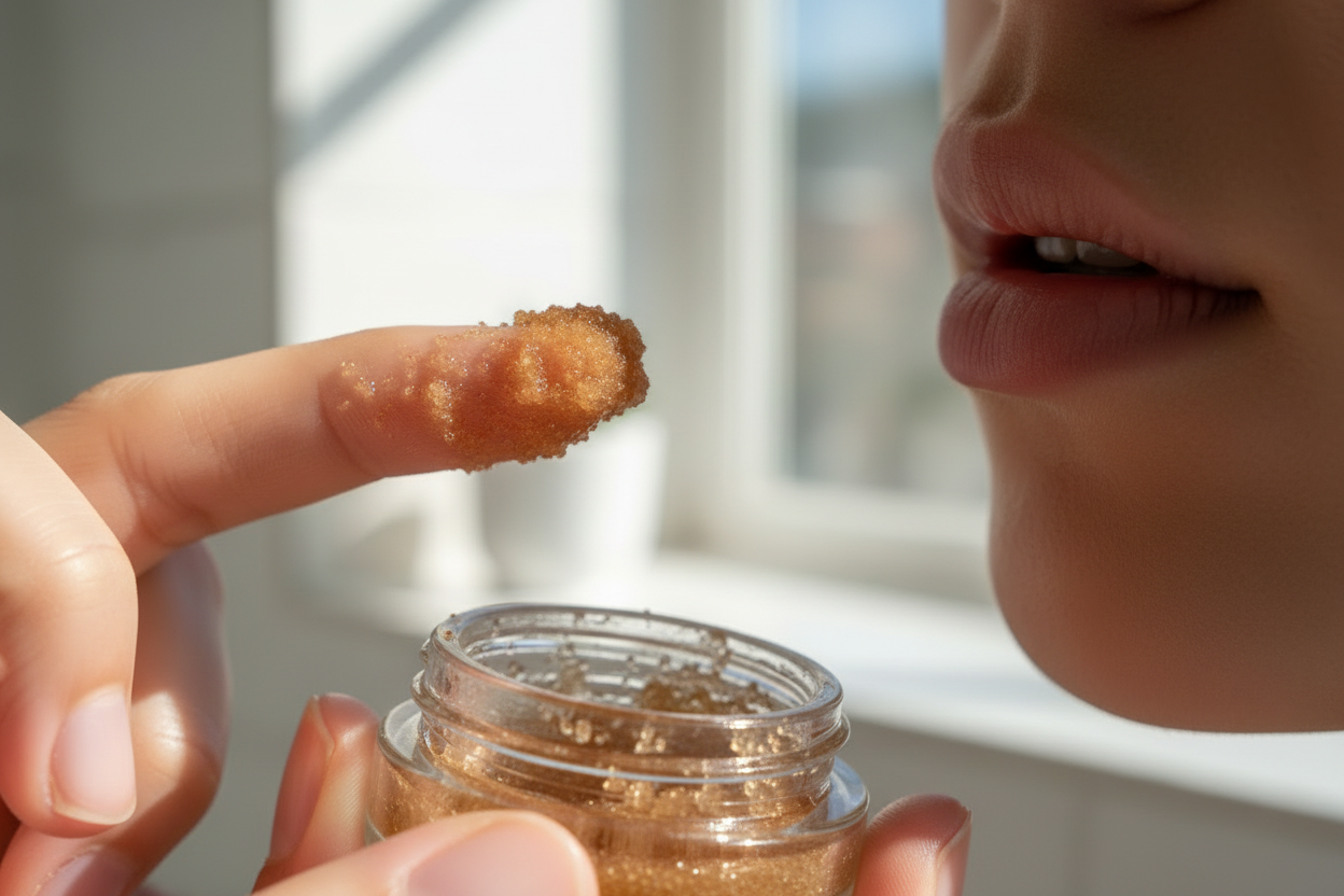 Close up of applying a moisturizing organic lip scrub for soft hydrated lips