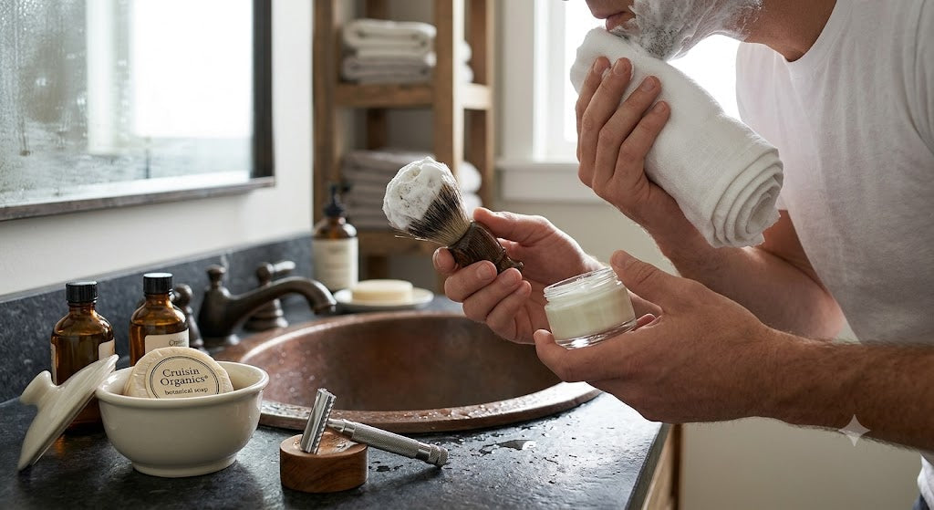 Premium minimalist grooming scene highlighting Cruisin Organics clean shaving lather, brush, and botanical shaving soaps.