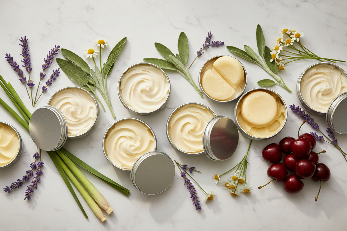 Cruisin Organics Balms &amp; Butters collection — silver tins of whipped body butter and solid massage butter with lavender, lemongrass, sage, chamomile, and cherries on marble