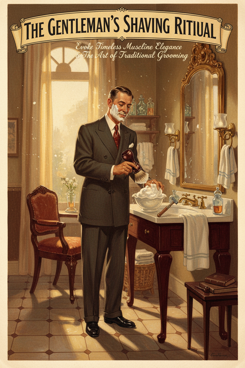 Cruisin Organics traditional men's grooming illustration featuring a gentleman shaving in a classic luxury bathroom mirror