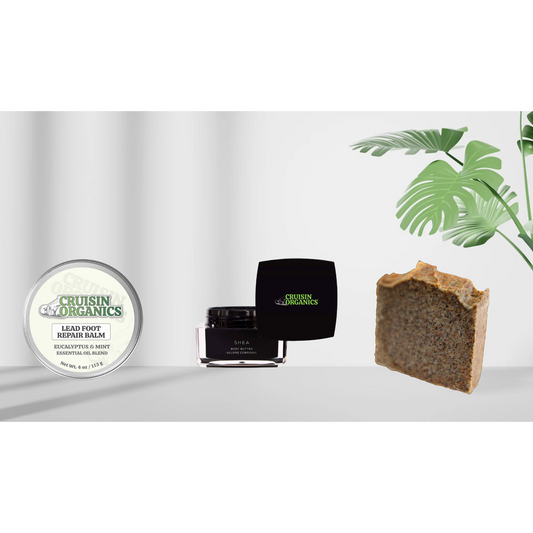 33 step Foot Care. Our start up bundle includes an Exfoliate soap, foot balm and shea butter by Cruisin Organics.