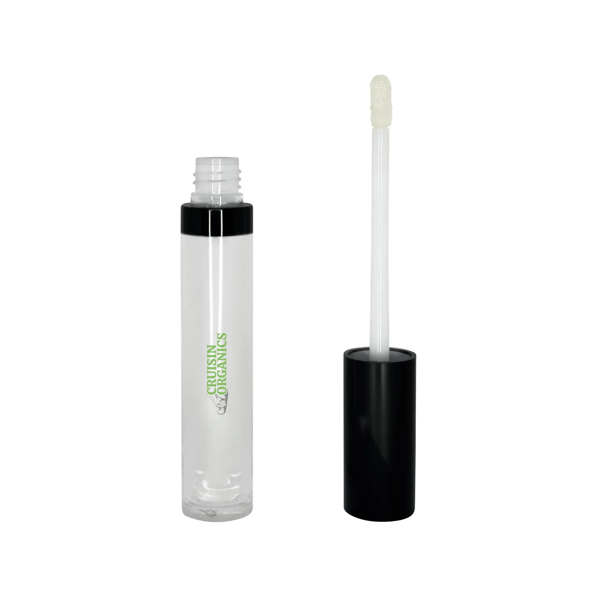A clear cosmetic tube with a black cap and a white doe-foot applicator, shown on a plain white background. The tube has green vertical text that reads &