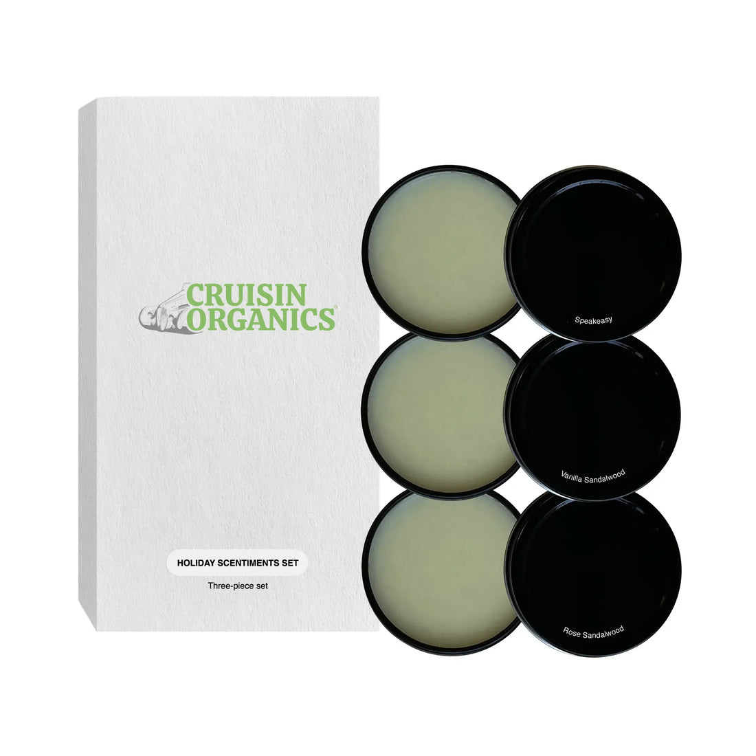 Take Cruisin Organics travel tins on the go for a refreshing, clean scent. Easy to carry in your handbag, purse or fanny pack to apply quickly and smell great. Vegan. This set includes:  Solid Fragrance in Speakeasy, Solid Fragrance in Vanilla Sandalwood, Solid Fragrance in Rose Sandalwood