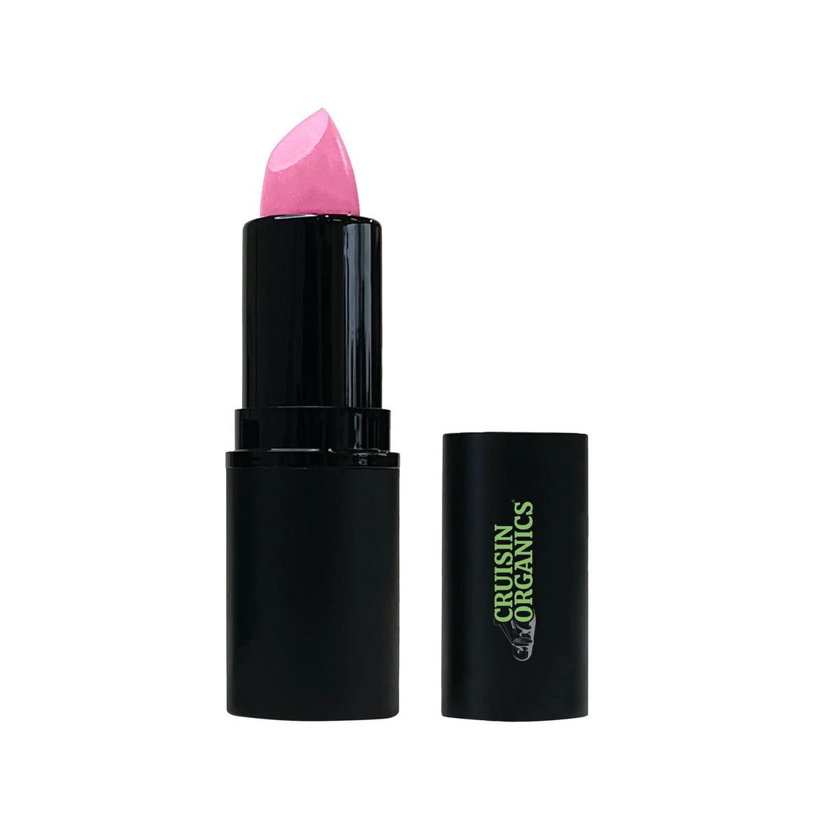 Pink lipstick bullet shown next to its black cap on a plain white background. The cap is printed with the brand name &