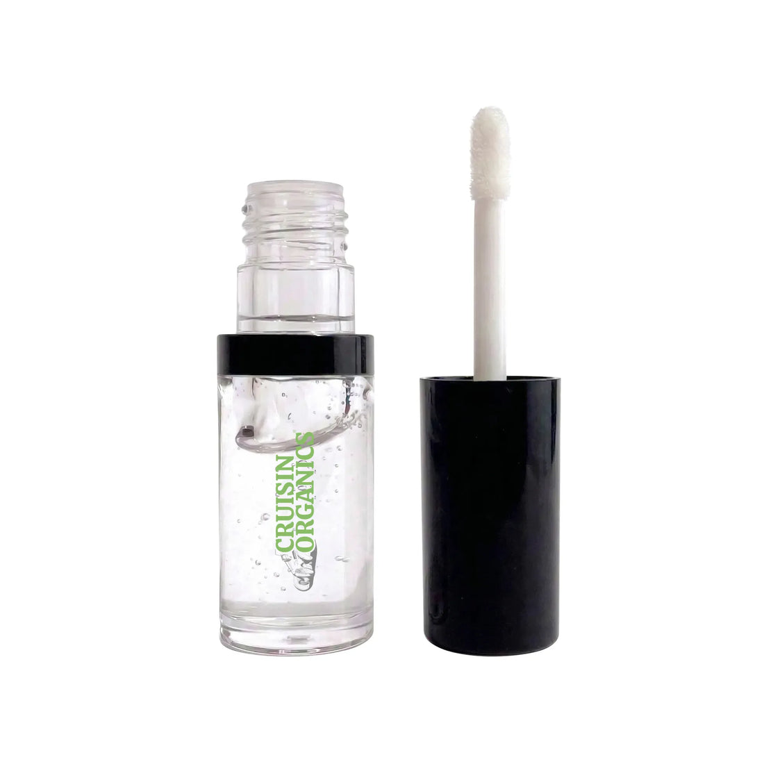 A clear cosmetic bottle with a black cap and applicator wand, shown open on a plain white background. The bottle label reads &