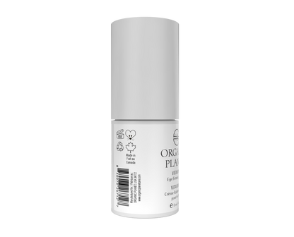 White cylindrical container with a label on a white background. Enriched with Organic and plant - based ingredients. Vitamin C Eye Firming Cream