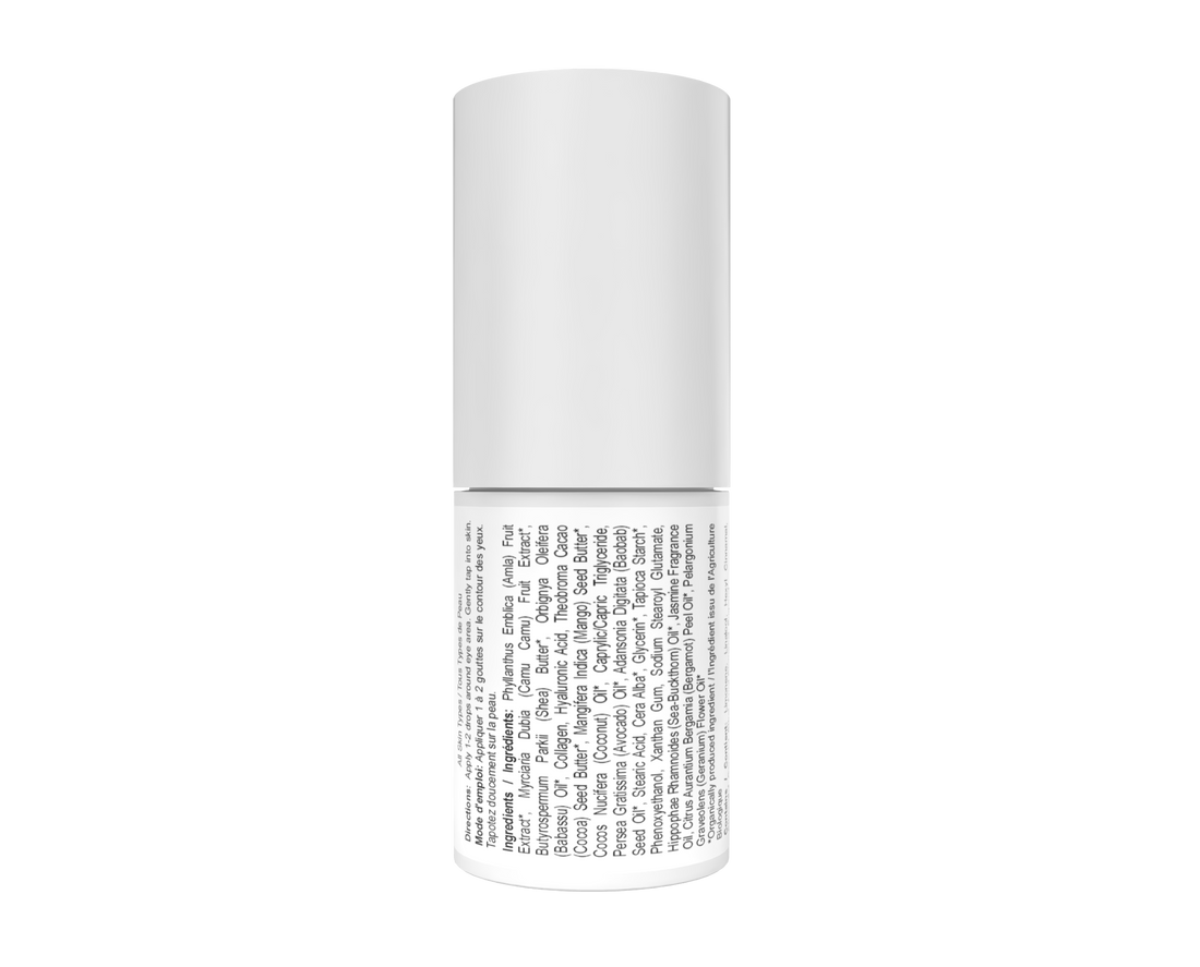 Detailed rear-view composition of The Eye Elixir container, displaying the comprehensive, clean-clinical botanical ingredient list.