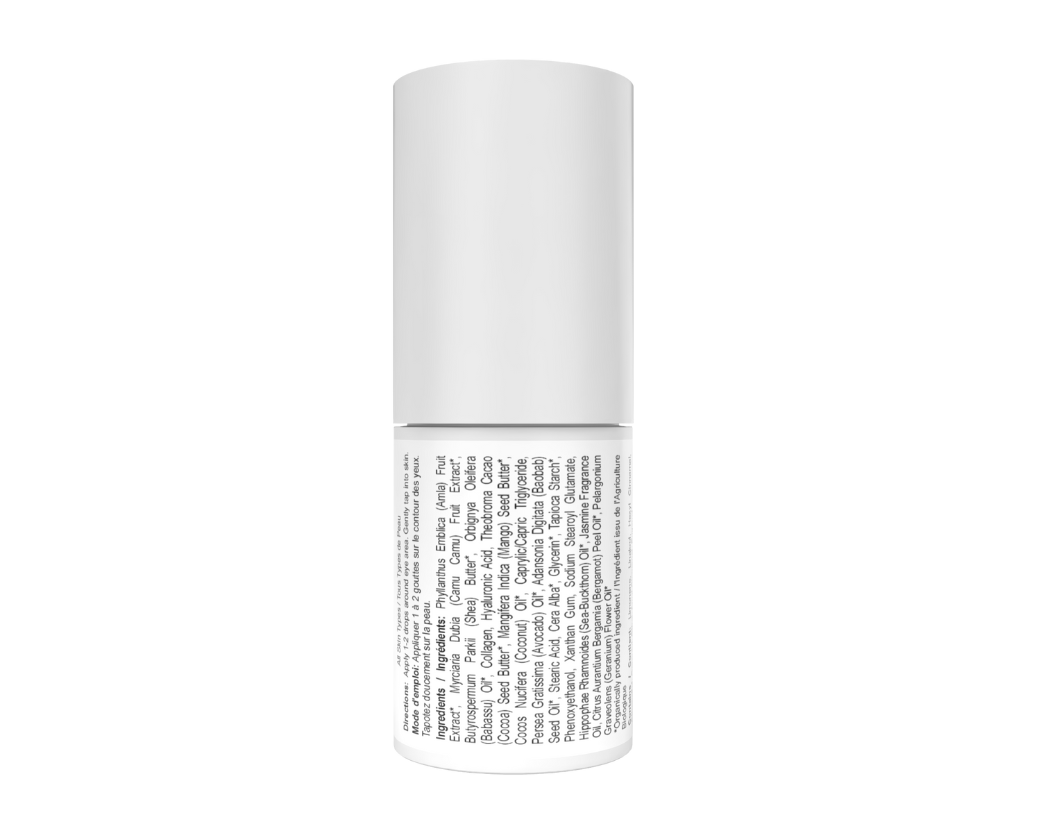 White cylindrical container with text on a white background