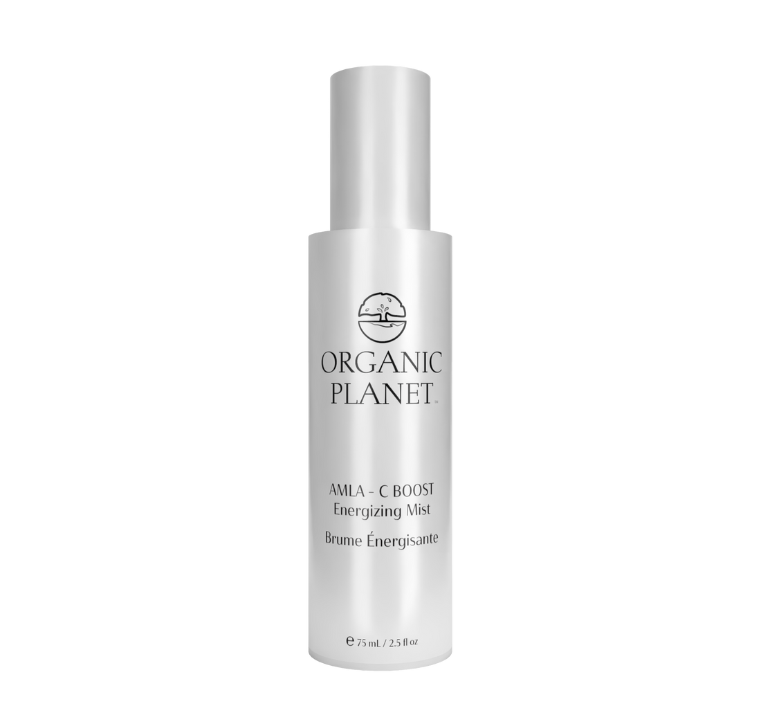 Organic Planet AMLA-C Boost Energizing Mist bottle on a white background. Refresh and energize your skin with the Amla C Boost Energizing Mist. Made with 89% certified organic ingredients, including antioxidant-rich camu camu and vitamin C-packed amla, this mist revitalizes your complexion and awakens your senses. Suitable for all skin types, it soothes your face or refreshes your entire body whenever you need a natural lift. Discover the power of superfruits and stay energized all day long.
