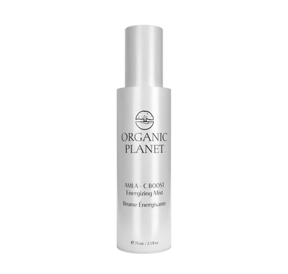 Organic Planet AMLA-C Boost Energizing Mist bottle on a white background. Refresh and energize your skin with the Amla C Boost Energizing Mist. Made with 89% certified organic ingredients, including antioxidant-rich camu camu and vitamin C-packed amla, this mist revitalizes your complexion and awakens your senses. Suitable for all skin types, it soothes your face or refreshes your entire body whenever you need a natural lift. Discover the power of superfruits and stay energized all day long.