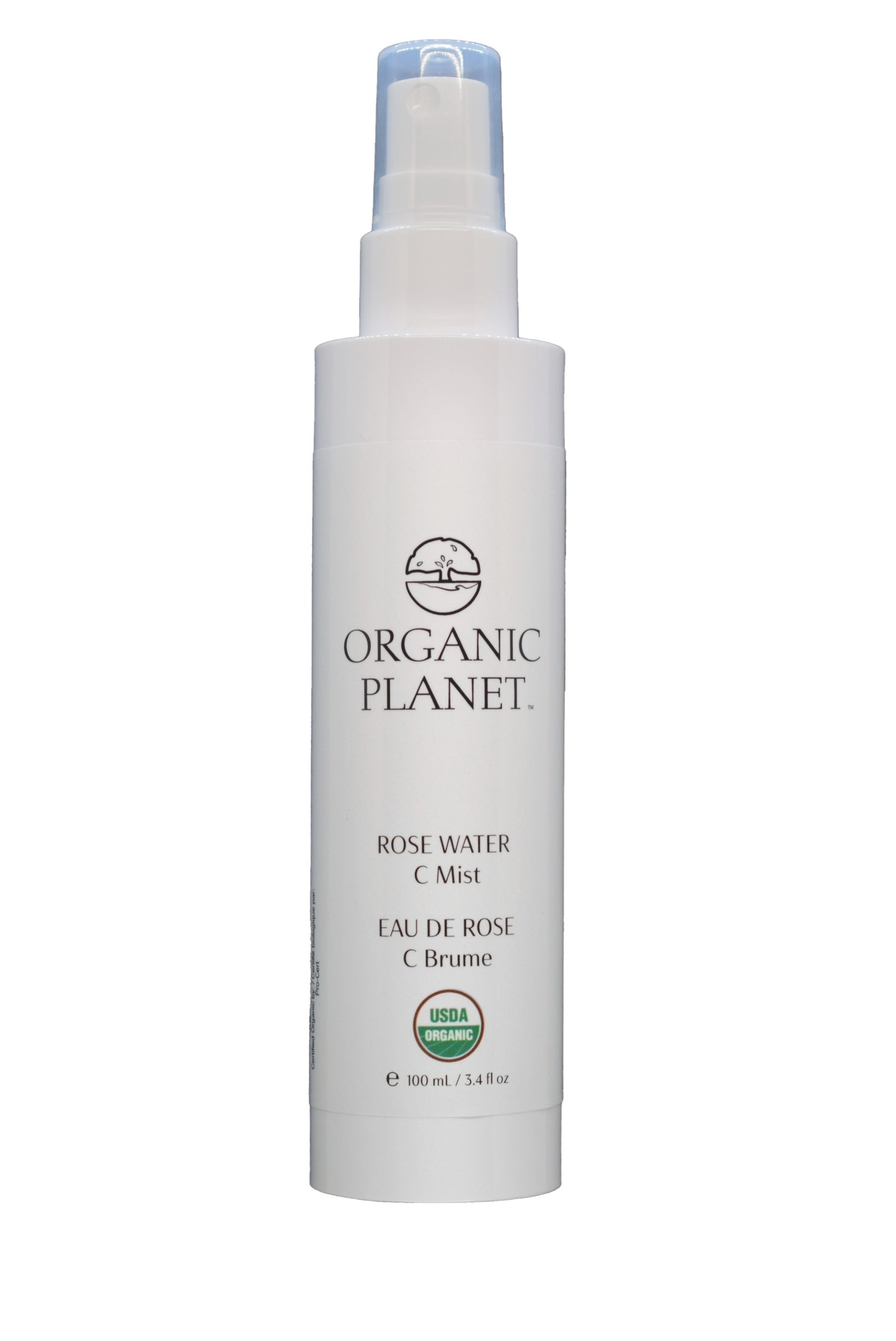 Organic Planet Rose Water C Mist bottle on a white background