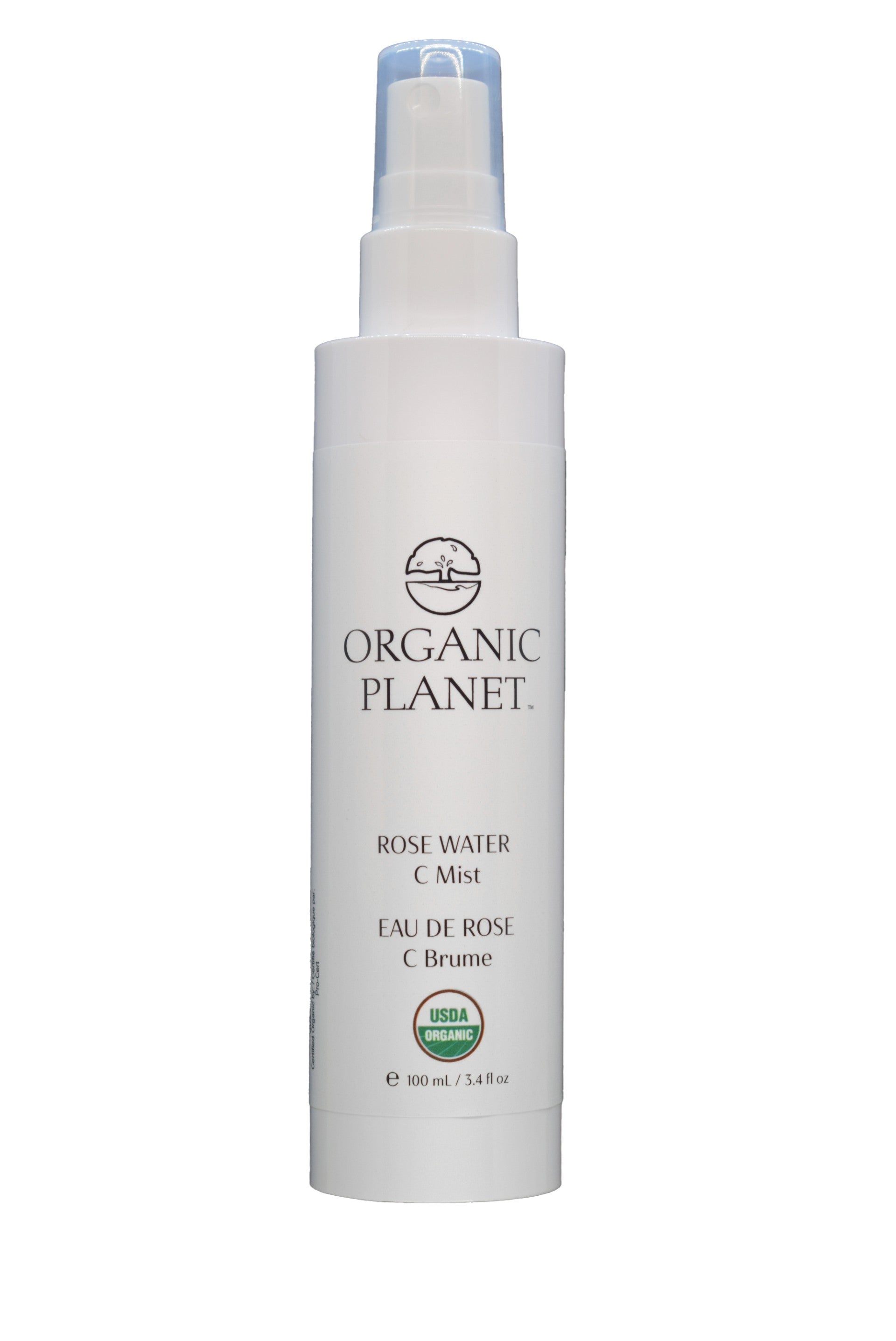 Organic Planet Rose Water C Mist bottle on a white background