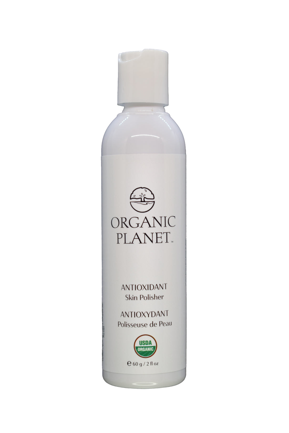 White bottle of Organic Planet antioxidant skin polisher on a white background. This gentle skin polisher uses Tremella mushroom to hydrate and brighten all skin types, including sensitive and acne-prone. Made with 95-100% USDA Certified Organic ingredients, it softly exfoliates while boosting antioxidants for smoother, radiant, and balanced skin.