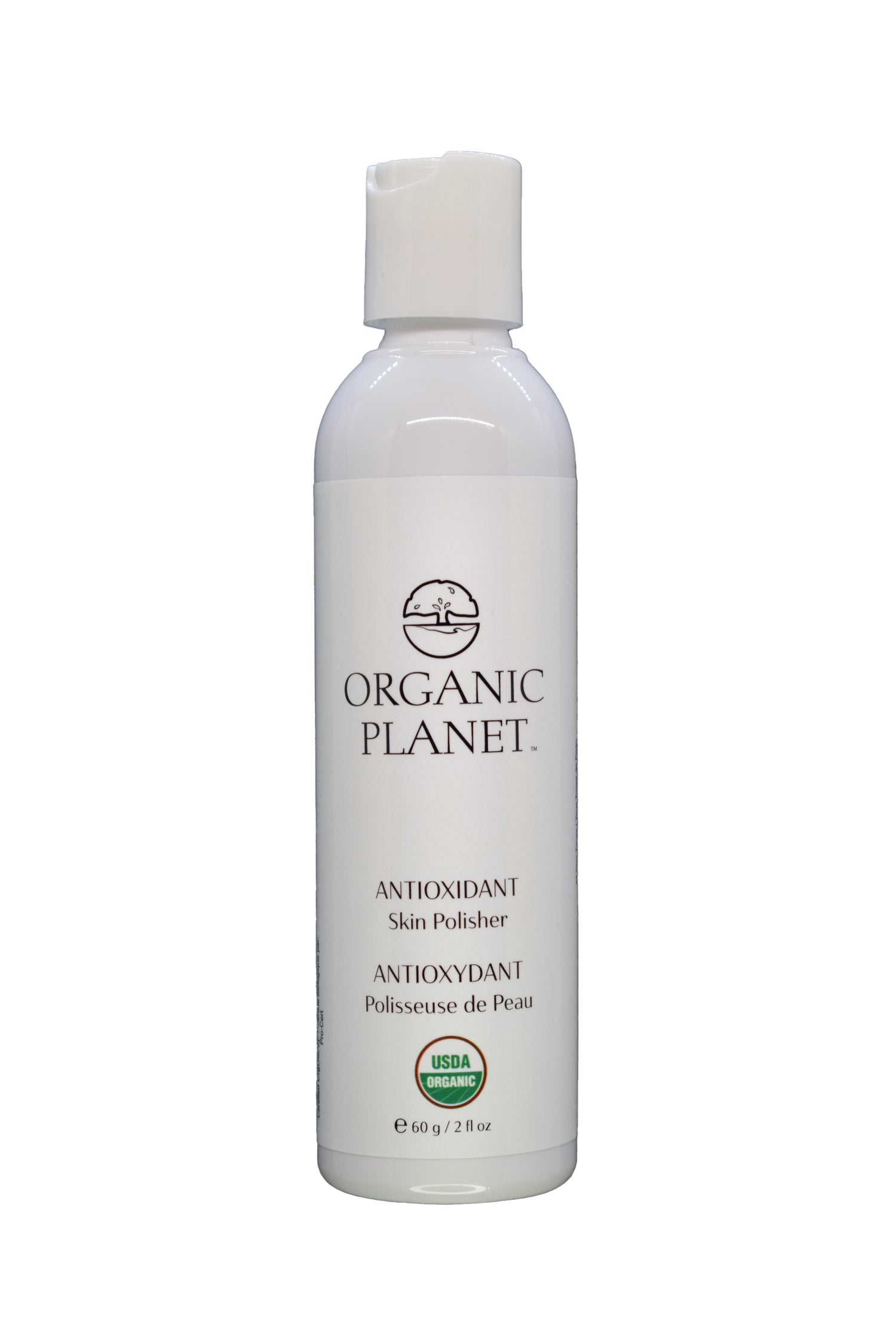 White bottle of Organic Planet antioxidant skin polisher on a white background. This gentle skin polisher uses Tremella mushroom to hydrate and brighten all skin types, including sensitive and acne-prone. Made with 95-100% USDA Certified Organic ingredients, it softly exfoliates while boosting antioxidants for smoother, radiant, and balanced skin.