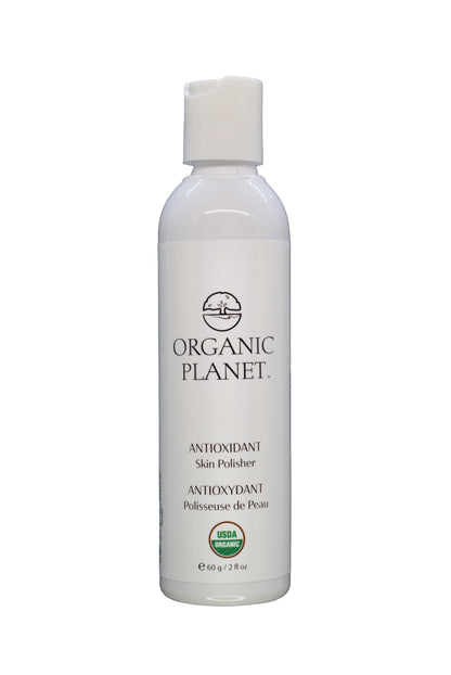 White bottle of Organic Planet antioxidant skin polisher on a white background. This gentle skin polisher uses Tremella mushroom to hydrate and brighten all skin types, including sensitive and acne-prone. Made with 95-100% USDA Certified Organic ingredients, it softly exfoliates while boosting antioxidants for smoother, radiant, and balanced skin.