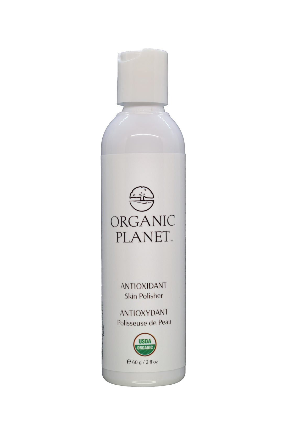 Organic Planet antioxidant skin polisher bottle on a white background. This gentle Antioxidant Skin Polisher uses Tremella mushroom to deeply hydrate and brighten all skin types, including sensitive and acne-prone. Crafted with 95-100% USDA Certified Organic ingredients, it provides mild exfoliation while delivering antioxidants for smoother, radiant, and balanced skin. Perfect for revealing a youthful complexion.