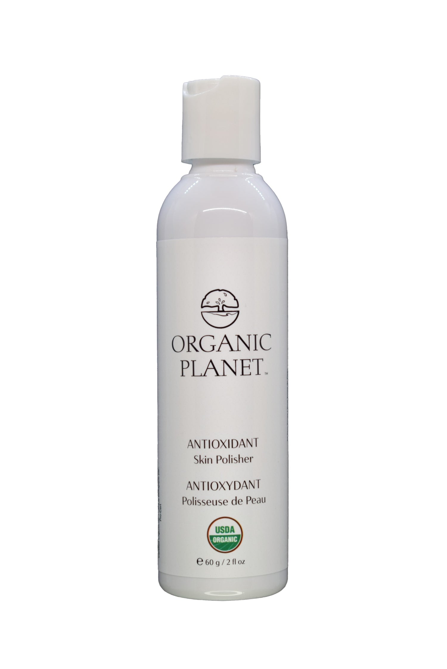 Organic Planet antioxidant skin polisher bottle on a white background. This gentle Antioxidant Skin Polisher uses Tremella mushroom to deeply hydrate and brighten all skin types, including sensitive and acne-prone. Crafted with 95-100% USDA Certified Organic ingredients, it provides mild exfoliation while delivering antioxidants for smoother, radiant, and balanced skin. Perfect for revealing a youthful complexion.