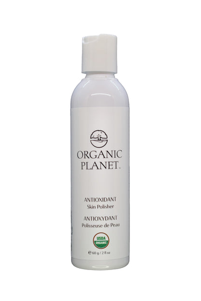 Organic Planet antioxidant skin polisher bottle on a white background. This gentle Antioxidant Skin Polisher uses Tremella mushroom to deeply hydrate and brighten all skin types, including sensitive and acne-prone. Crafted with 95-100% USDA Certified Organic ingredients, it provides mild exfoliation while delivering antioxidants for smoother, radiant, and balanced skin. Perfect for revealing a youthful complexion.