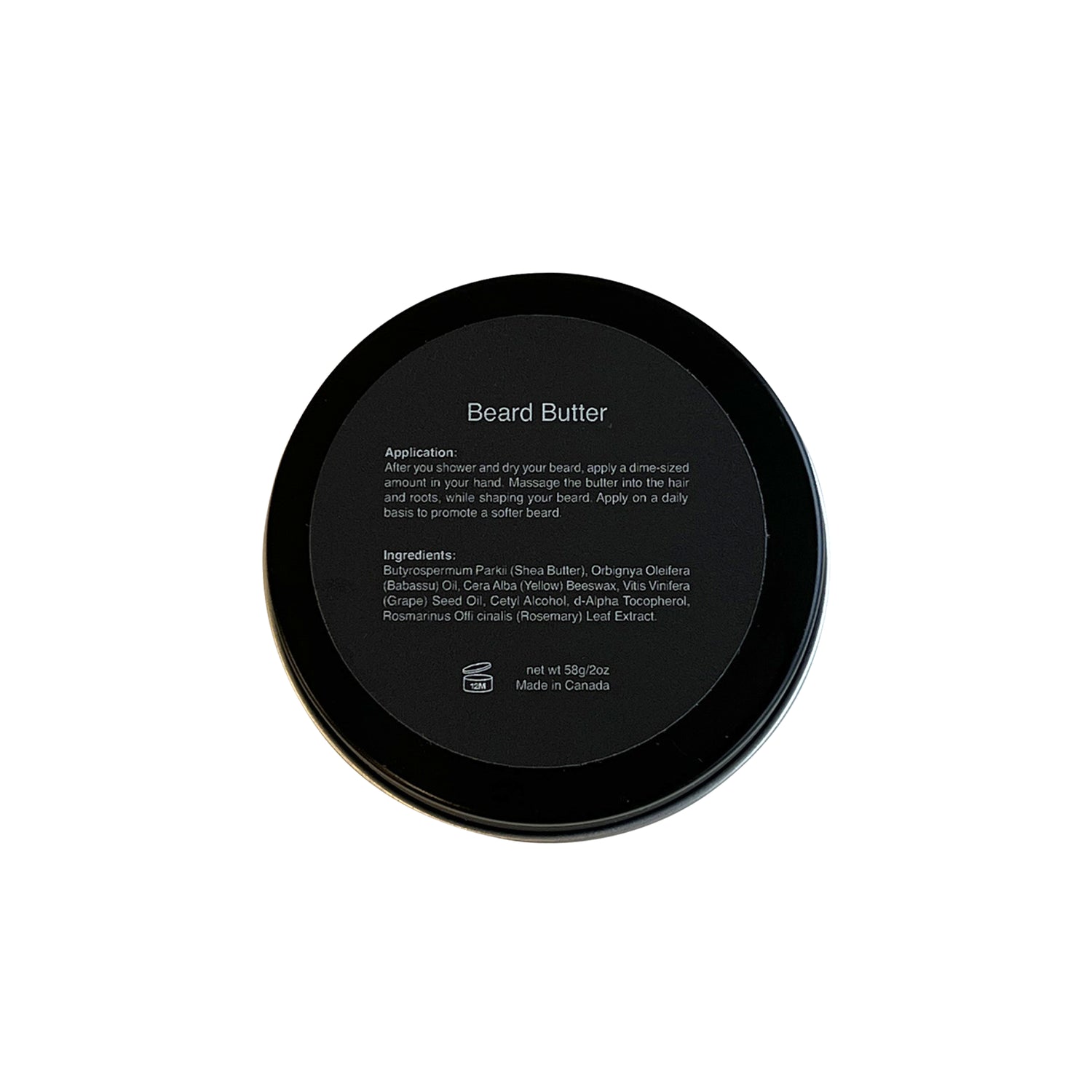 Black container of beard butter with text on a white background