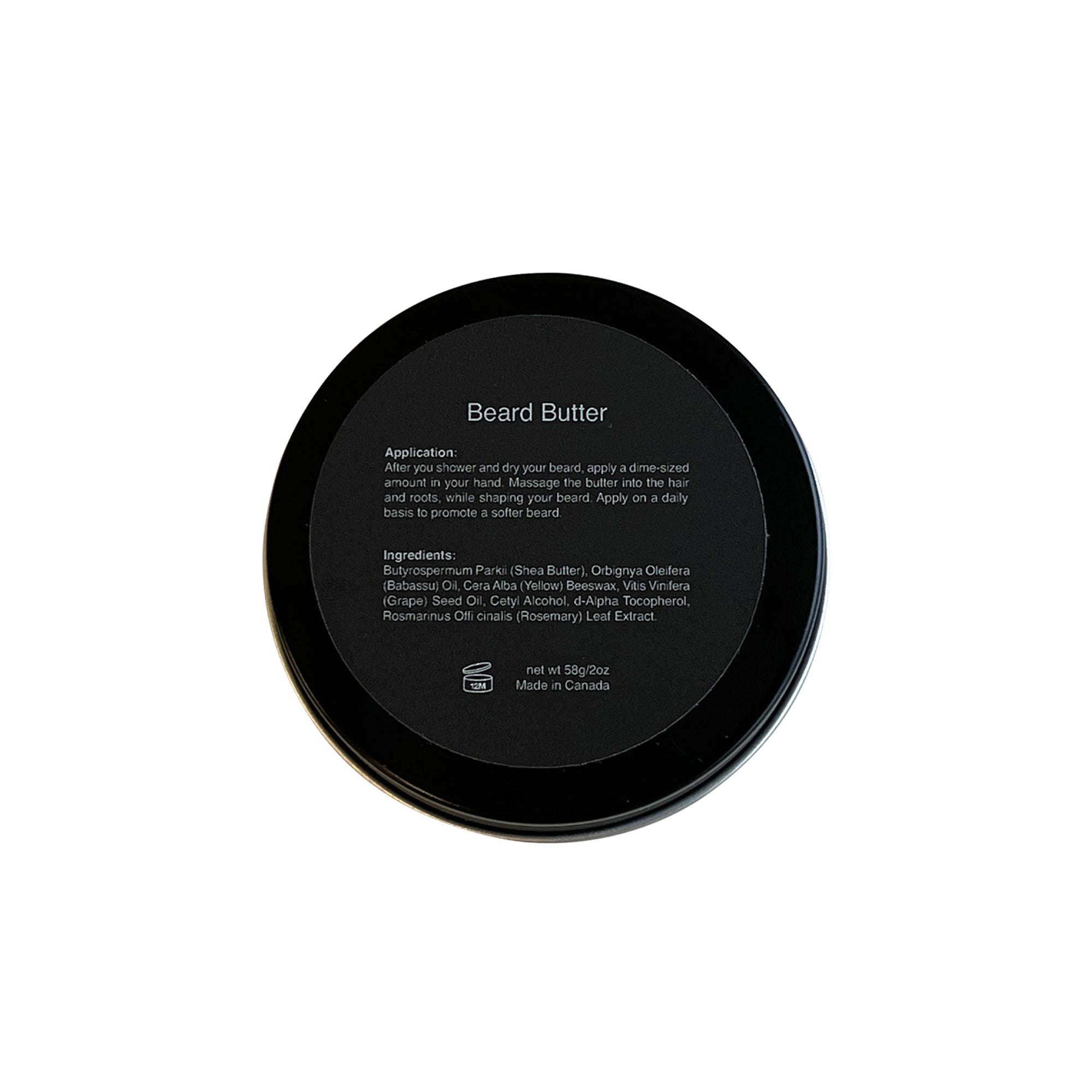 Black container of beard butter with text on a white background