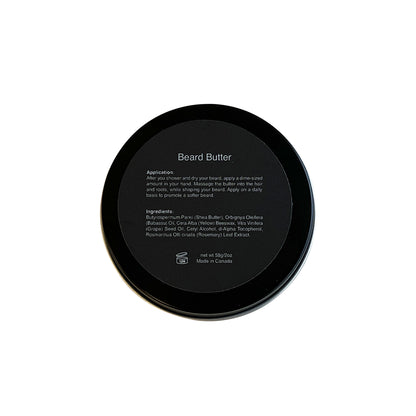 Black container of beard butter with text on a white background